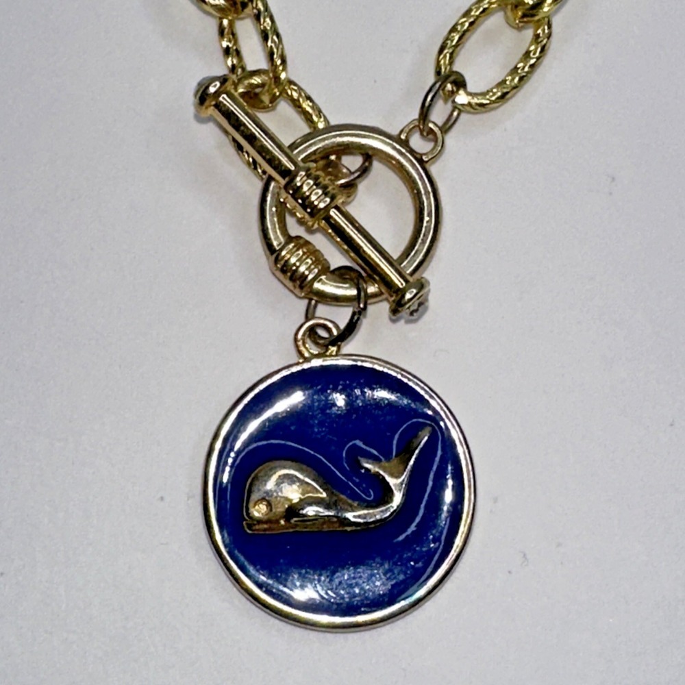 Fornash Necklace Whale Charm Blue Enamel Gold Tone Textured 17" Toggle Vtg